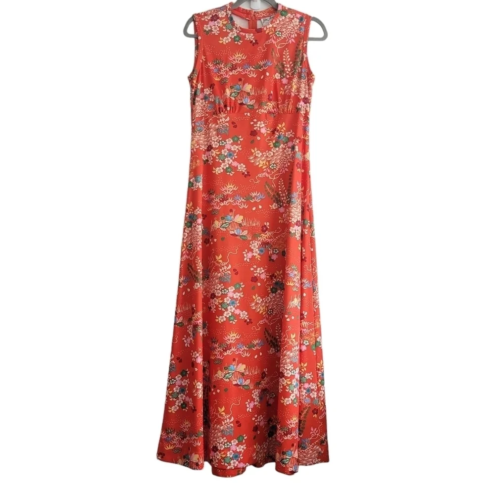 VTG Yves Jennet USA 70s Orange Floral Sleeveless‎ Maxi Dress Gown Women Medium
